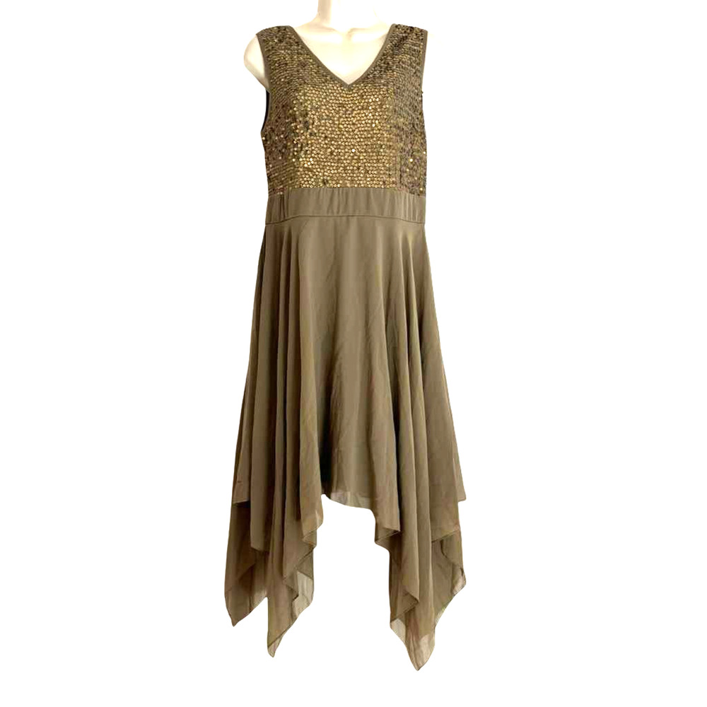 Venus Wmens Brown Gold Handkerchief Hem Sequin Party Cocktail Dress V-Neck sz 8
